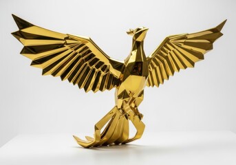 A golden origami phoenix with wings spread wide, symbolizing rebirth and new beginnings, isolated on white background