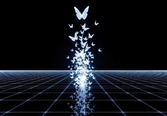 Abstract digital art of glowing white butterflies emerging from a futuristic grid on a dark background