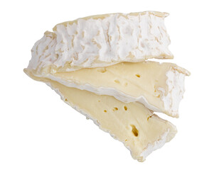 fresh slices camembert cheese isolated on white background, top view of rectangular pieces camembert cheese