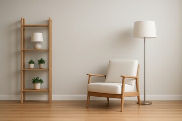 Cozy living room corner with armchair floor lamp and shelving unit displaying decor items illustration