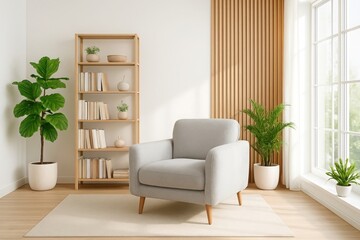 Cozy living room corner with armchair bookshelf and potted plants illuminated by natural light illustration