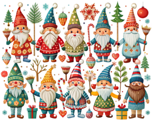 Collection of christmas gnomes with gifts and decorations isolated on transparent background, watercolor illustration