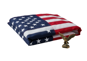A precisely folded United States flag with bold red/white stripes, blue field, crisp white stars, and a polished brass eagle on a seamless transparent background, concept of national pride