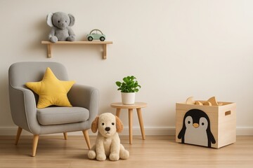 Cozy nursery scene with adorable stuffed animals and toy storage bin illustration