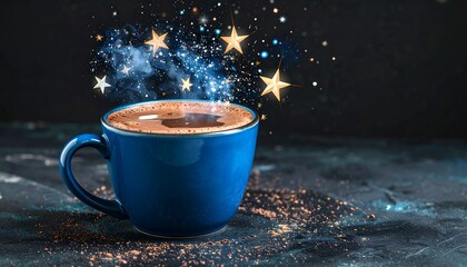 Steaming blue mug of cocoa with magical stars floating above on a dark speckled surface