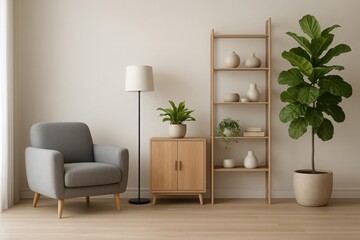 Modern living room corner with armchair plant shelf and side table natural light illustration