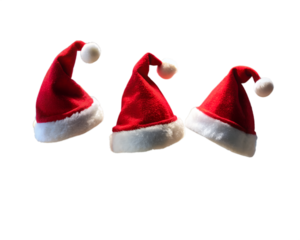 Three small santa hats isolated on transparent background, perfect for christmas decorations and festive designs