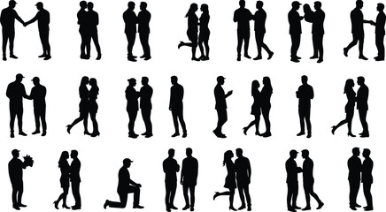 Couple silhouette, romantic interaction, love gesture, relationship pose, emotional moment, walking together, hugging, kissing, proposing, black vector illustration, icon set