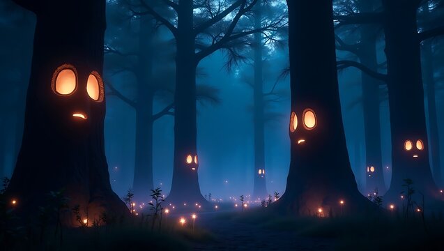 Enchanted forest at night with glowing lanterns and tall trees