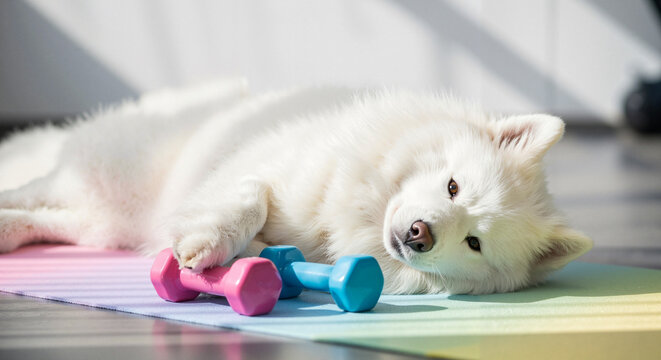 White Samoyed dog lying on colorful mat beside dumbbells   - Powered by Adobe