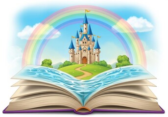 Open book with a fairytale castle and rainbow emerging from the pages, isolated on white background