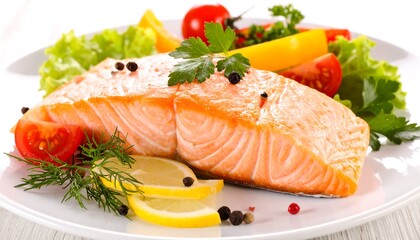 Cooked salmon fillet served with lemon, tomato, pepper, and lettuce on white plate