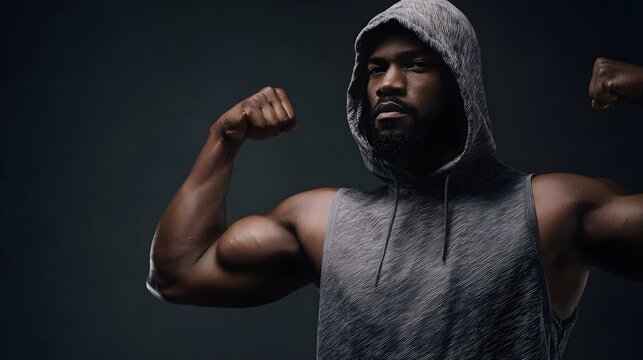 A muscular man in a grey hoodie flexing his biceps showcasing strength and determination