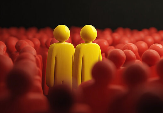 Two yellow figures standing out from a crowd of red figures demonstrating individuality