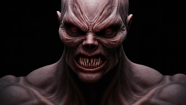 An extreme close-up of a terrifying monster's face, ready to haunt your dreams. Its evil expression with sharp eyes and a sinister grin is perfect for your Halloween horror content