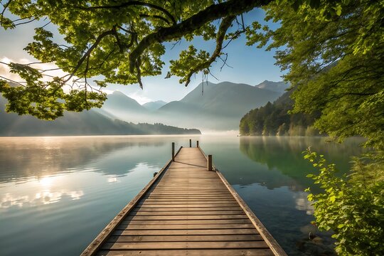A wooden pier and bridge stretch over the calm lake water, reflecting the summer sky and surrounding nature landscape