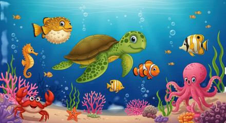 Fototapeta premium Vibrant underwater scene with friendly sea turtle fish octopus crab and coral reef