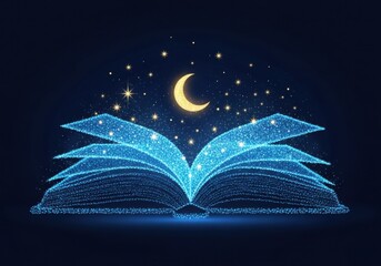 Open book made of glowing blue particles under a crescent moon and stars