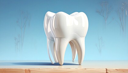 Gleaming white molar tooth illustration against a soft blue and branch-filled background