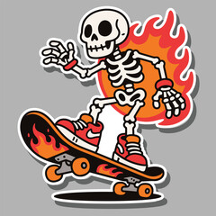 Vintage Cartoon Skeleton Skater Mascot with Flame Skateboard