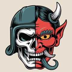 Split Skull Hannya Demon Motorcycle Helmet Vector Mascot