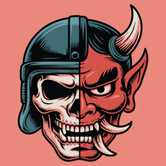Split Skull Hannya Demon Motorcycle Helmet Vector Mascot