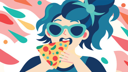 Young woman wearing sunglasses enjoys eating a slice of pizza