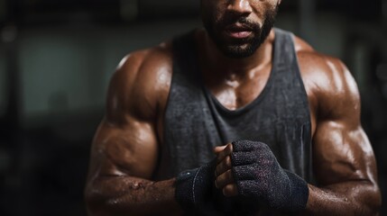 Muscular athlete preparing for intense training adjusting gym gloves with sweat visible