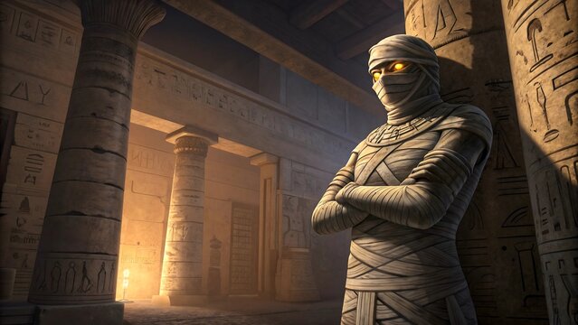Ancient egyptian mummy standing in a dimly lit tomb with hieroglyphics on the walls and columns