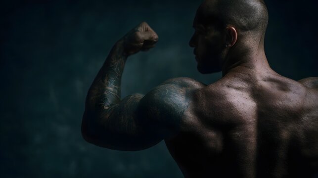 Muscular man with extensive tattoos flexing his bicep and back showcasing raw strength in dramatic lighting