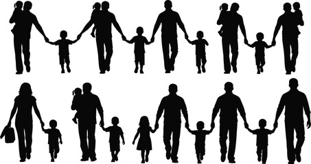 Family silhouettes, parents with children, diverse family groups, walking together, holding hands, parenting concept, childhood, unity, love, care, support, lifestyle, relationships,