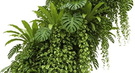 Lush green vertical garden wall with various tropical plants and hanging vines isolated on white background