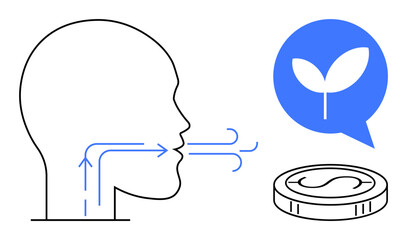 Outline of a head with airflow, plant speech bubble, and coin representing sustainability, eco-consciousness, and economic value. Ideal for environmental impact, financial growth, green business