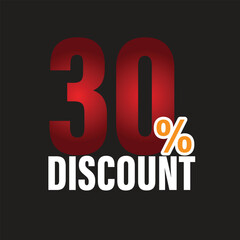 Promotional sale with thirty percent discount, red and white text on a black background, perfect for advertising campaigns and special offers to attract customers