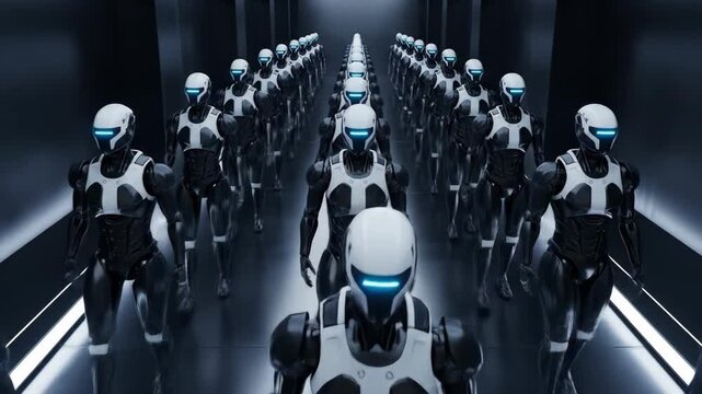 Endless line of futuristic androids, robotic army marching forward