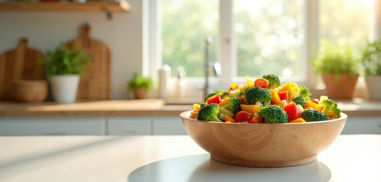 Fresh colorful healthy veg salad in wood bowl on bright kitchen counter. Delicious meal with green broccoli, red tomatoes, yellow bell peppers. Natural light fills modern cooking space. Organic,