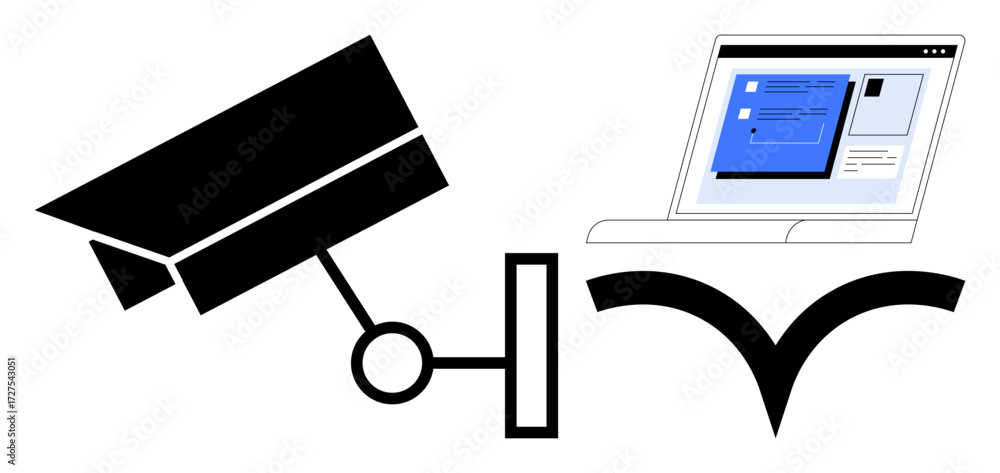 Poster surveillance camera monitoring activities linked to a laptop with data dashboards. ideal for cyberse