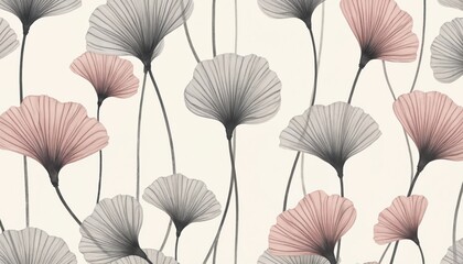 Obraz premium Ginkgo leaf pattern with delicate pencil drawings in grayscale and pastel. Elegant botanical design for backgrounds or textiles. Soft, airy surface for decoration. Trendy, stylish, minimal.