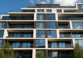 Modern apartment building with balconies and large windows, seen from a low angle on a sunny day