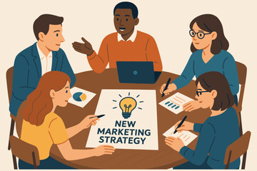 Diverse team collaborates on a new marketing strategy with a lightbulb idea at a round table meeting