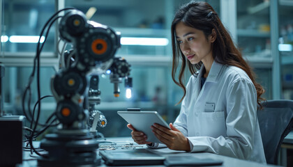 Young woman engineer in lab coat studies robot arm on tablet. She programs complex machine system in hi-tech research lab environment. Future tech development.