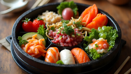 healthy meal prep container filled with spaghetti noodles broccoli cherry tomatoes and shredded carrots for balanced diet lunch.