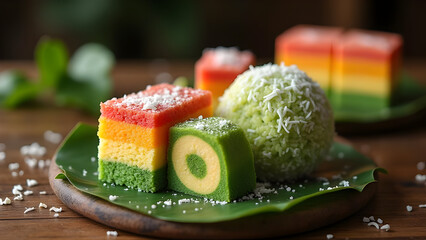traditional southeast asian colorful layered steamed cake or kuih lapis coated with grated coconut on banana leaf.