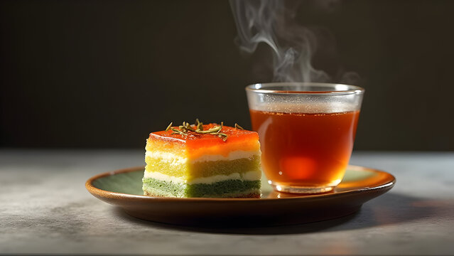 traditional southeast asian colorful layered steamed cake or kuih lapis coated with grated coconut on banana leaf.
