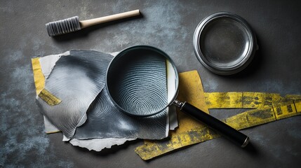 detective investigation scene with magnifying glass examining fingerprints and yellow crime scene tape on dark surface.
