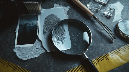 detective investigation scene with magnifying glass examining fingerprints and yellow crime scene tape on dark surface.