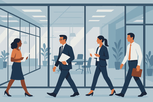 Diverse group of professionals walking through a modern office hallway with glass walls - Powered by Adobe