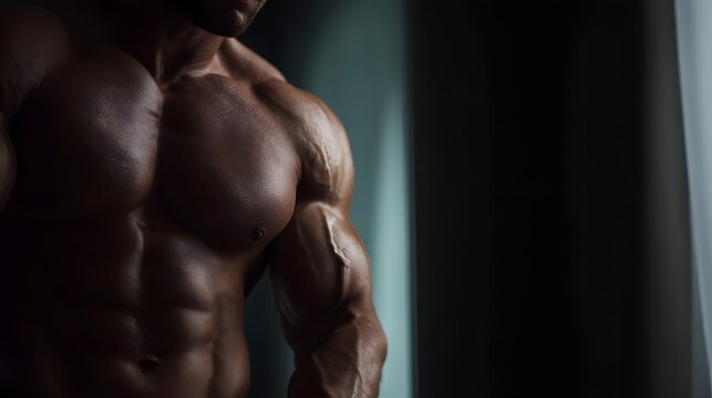 A close up dramatic portrait of a muscular bodybuilder s torso showcasing defined muscles and intense lighting