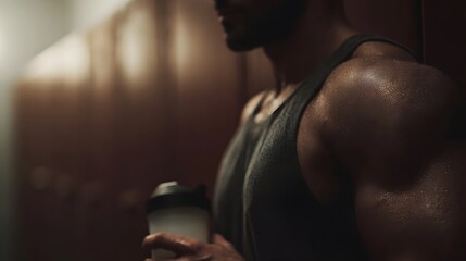 A muscular athlete in a gym locker room holds a shaker bottle glistening with sweat after a workout