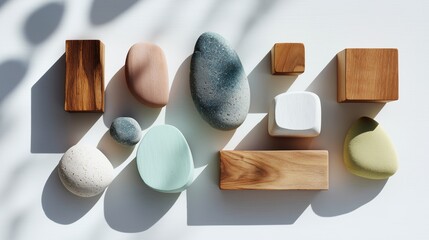 aesthetic composition of assorted wooden blocks and smooth river stones arranged in abstract geometric layout on white background with shadows.